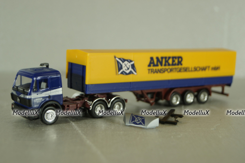 Mercedes SK 2435 tractor with semi trailer Anker, blue/yellow, Herpa 1:87