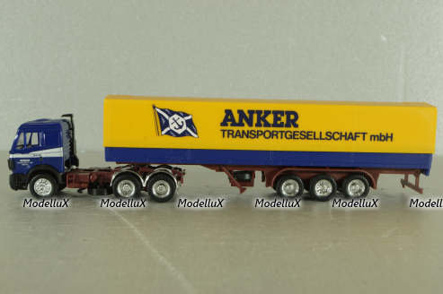 Mercedes SK 2435 tractor with semi trailer Anker, blue/yellow, Herpa 1:87