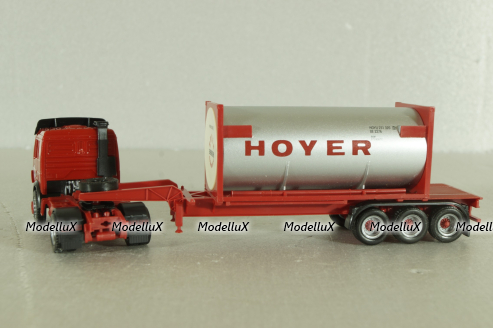 Mercedes SK 1850 tractor with semi trailer HOYER 1994, red, Herpa 1:87
