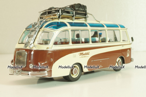 Setra S6 bus Marti 1955, with 4 figuren, brown/cream, 02824, Schuco 1:43