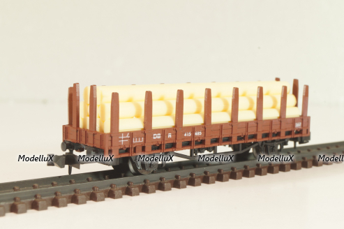 Вагон платформа, с грузом "трубы" (number 415 485), 2-х осный, DB, Epoche III (1949 - 1970), коричневый, 2303, Roco 1:160 (N)