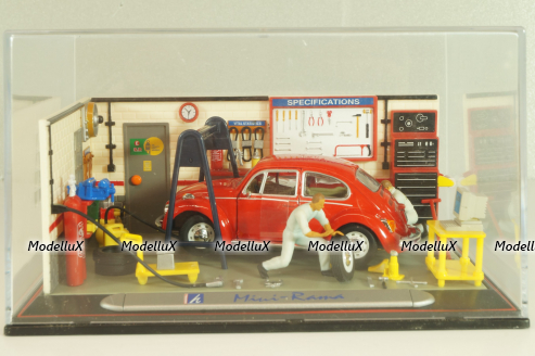 Volkswagen Kafer (Beetle) with 2 figures and diorama Service station, red, Mini-Rama 1:43