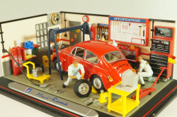 Volkswagen Kafer (Beetle) with 2 figures and diorama Service station, red, Mini-Rama 1:43
