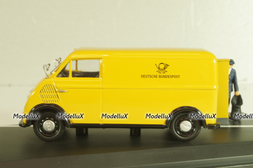 DKW Schnellaster Typ 30 pickup "Deutsche Bundespost" 1954, with post man and mail box, yellow, Schuco 1:4