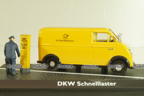 DKW Schnellaster Typ 30 pickup "Deutsche Bundespost" 1954, with post man and mail box, yellow, Schuco 1:4